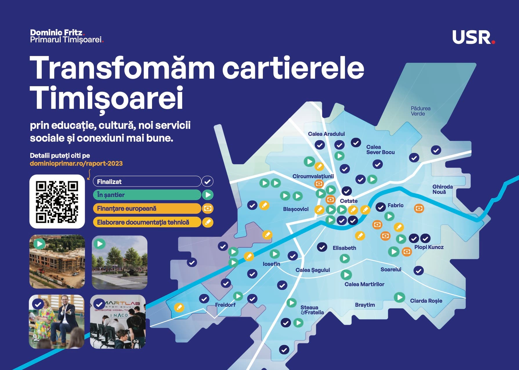 Harta cartierelor Timișoarei cu proiectele finalizate, în șantier, finanțate european și în pregătire