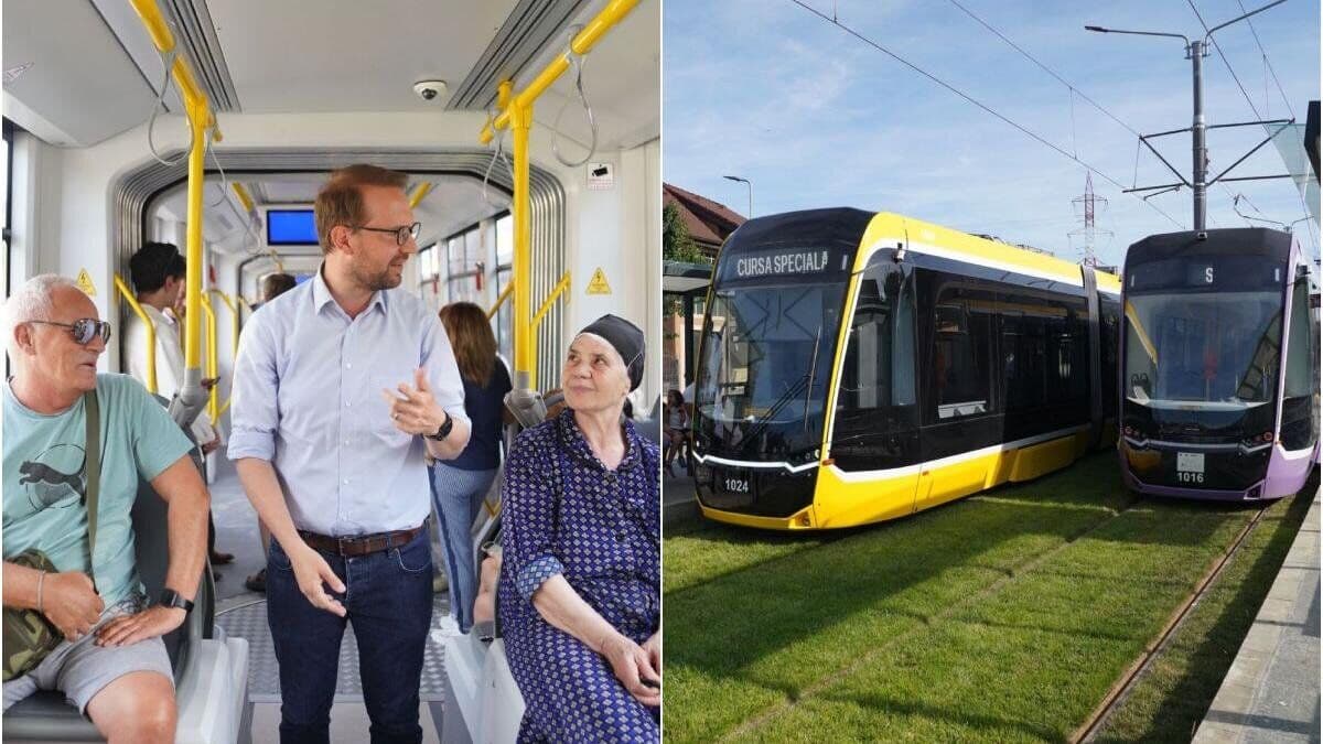 Dominic Fritz vorbind cu pasageri într-un tramvai nou; alături, două tramvaie noi pe o linie cu gazon